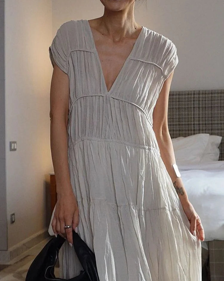 V-neck loose casual solid color dress