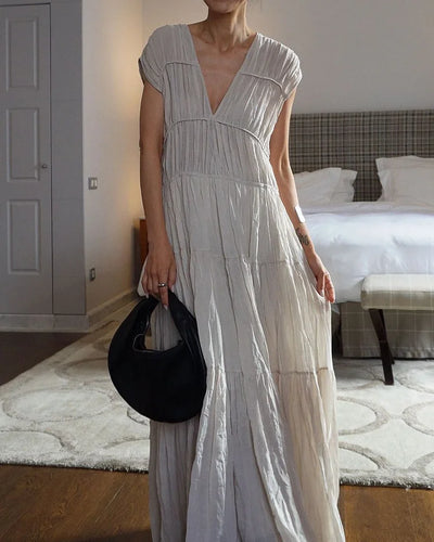 V-neck loose casual solid color dress