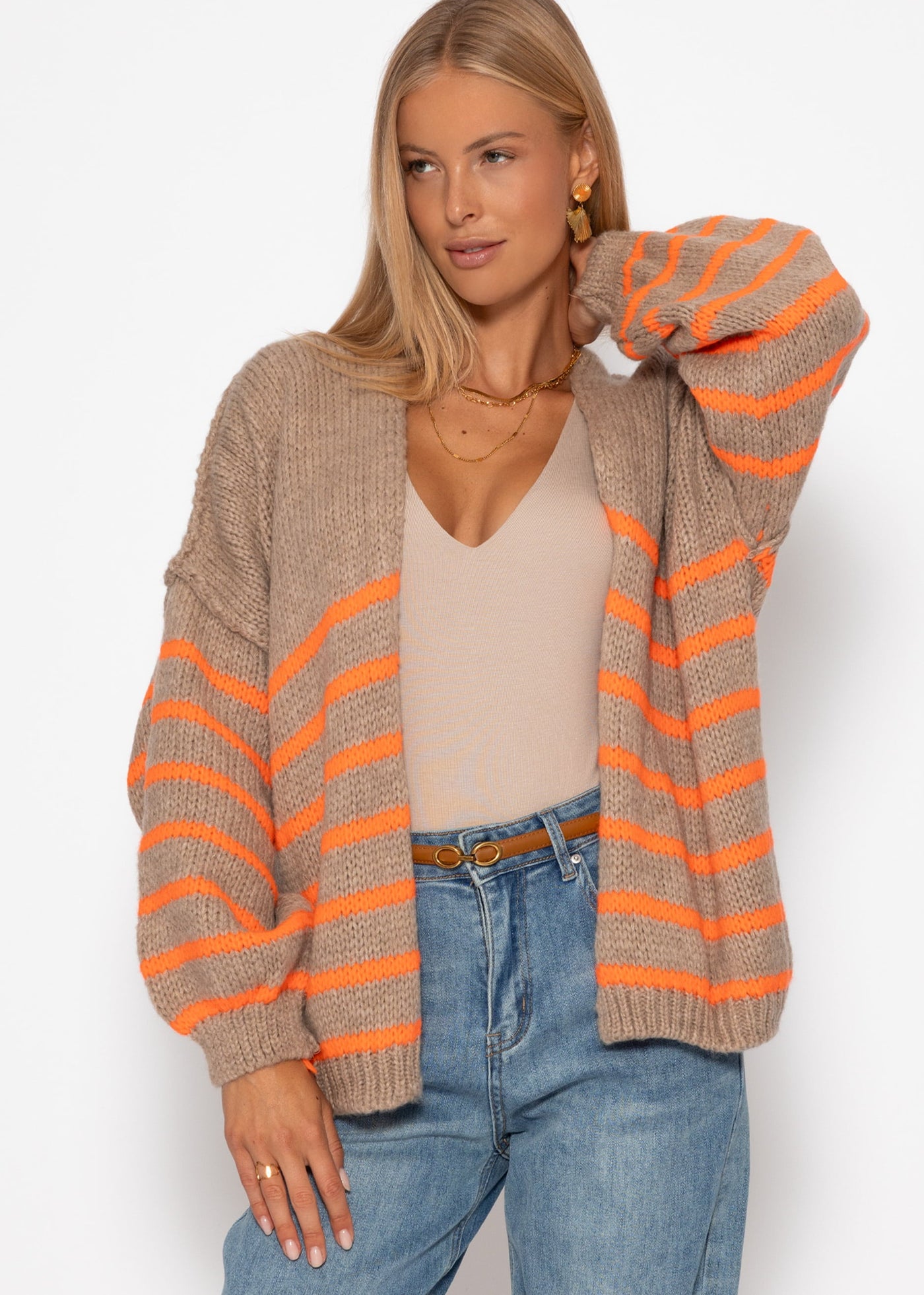 Nala | Gestreifter Cardigan mit Außennähten - beige
