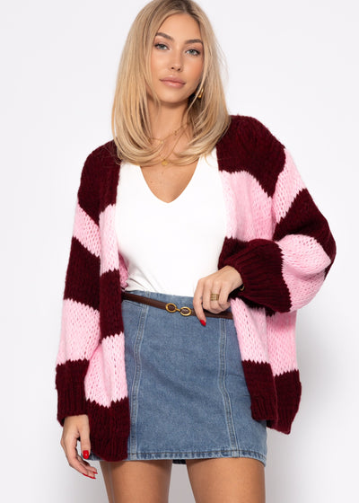 Lara | Gestreifter Oversize-Cardigan – Burgunderrot