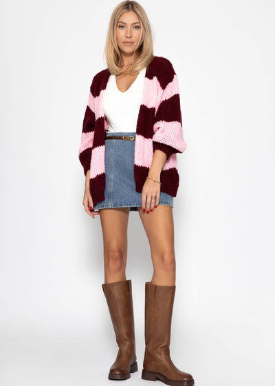 Lara | Gestreifter Oversize-Cardigan – Burgunderrot
