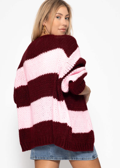 Lara | Gestreifter Oversize-Cardigan – Burgunderrot