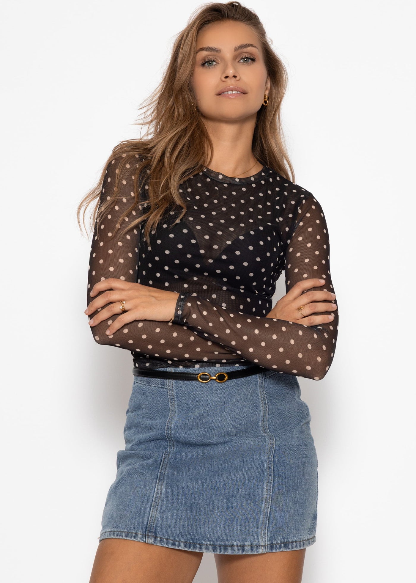 Mesh Langarmshirt mit Punkten - schwarz